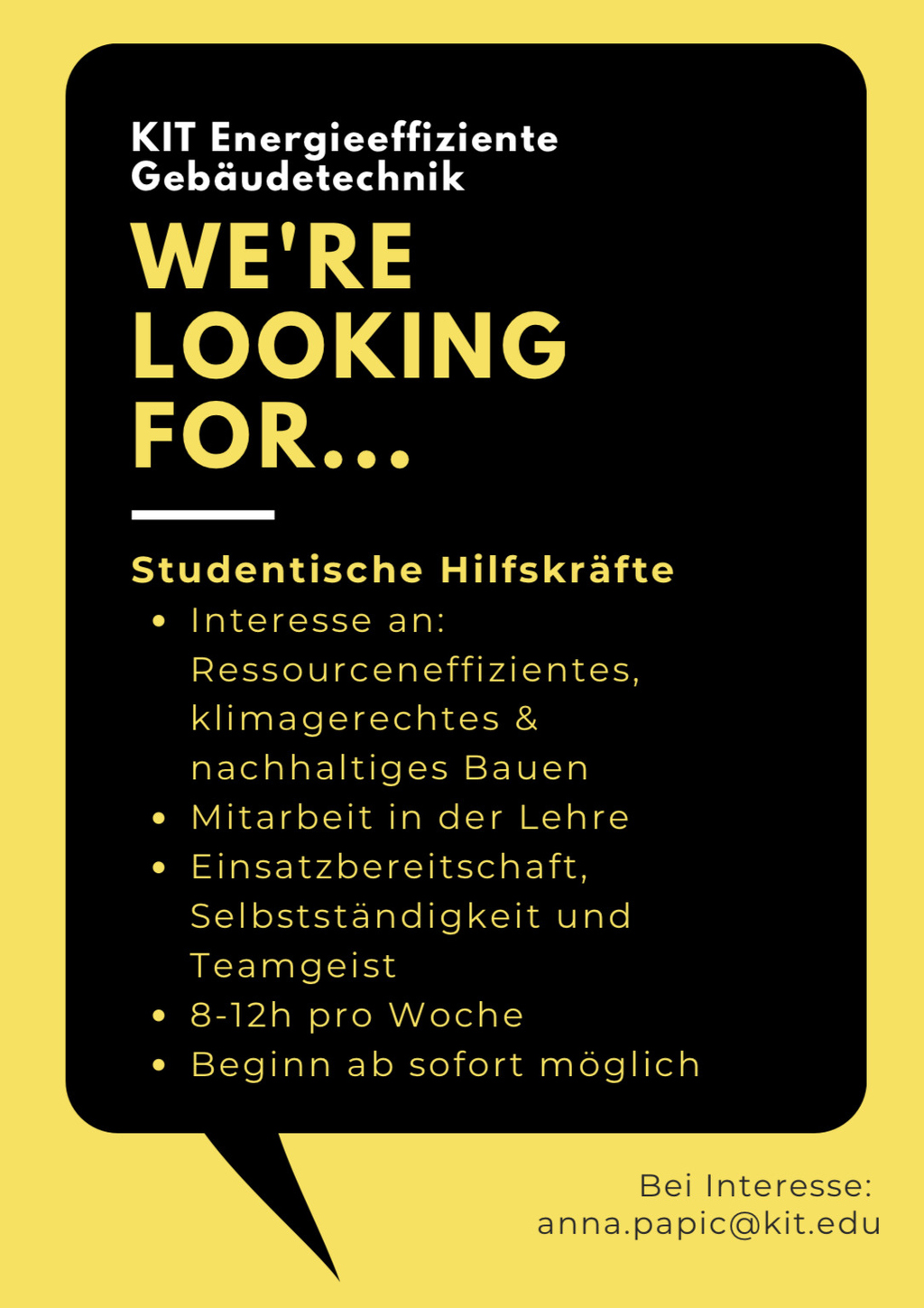 Stellenanzeige des KIT für studentische Hilfskräfte im Bereich energieeffiziente Gebäudetechnik.
