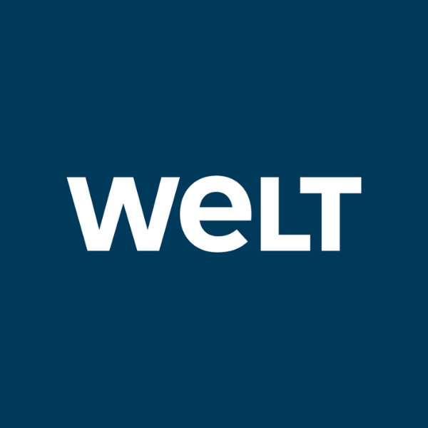 blauer Hintergrund, weiße Schrift WELT