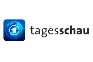 Logo der Tagesschau mit blauem Globus und Schriftzug.